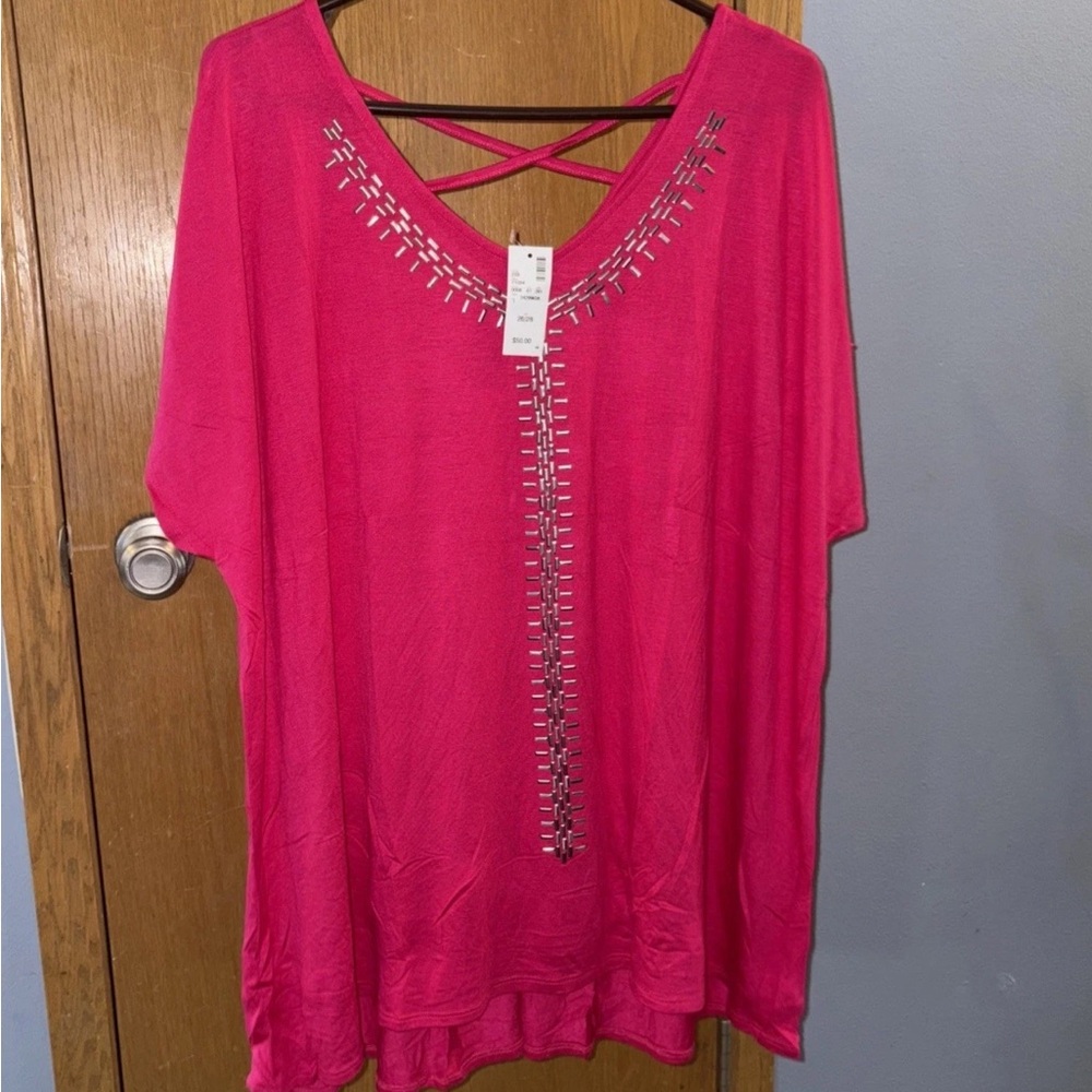 Avenue 26/28 Hot Pink Blouse Textured - NEW Women's Pink Top with Silver Accents